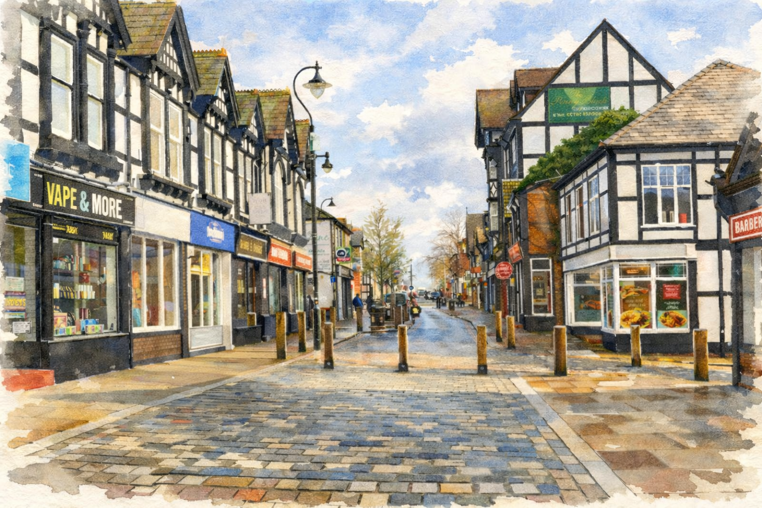 Watercolour painting of a white metal truss bridge crossing a calm canal beside brick and Tudor-style buildings under a partly cloudy sky.