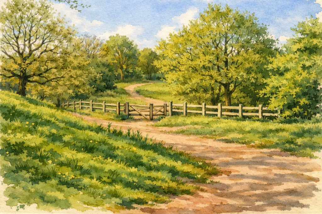 Watercolour landscape of a countryside footpath winding through green fields and trees with a wooden fence and gate in the foreground.