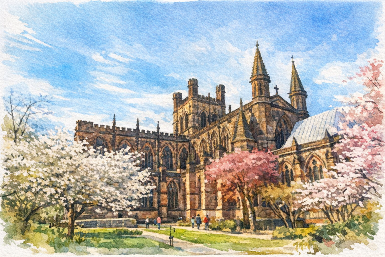 Chester Cathedral watercolour illustration in Chester city centre