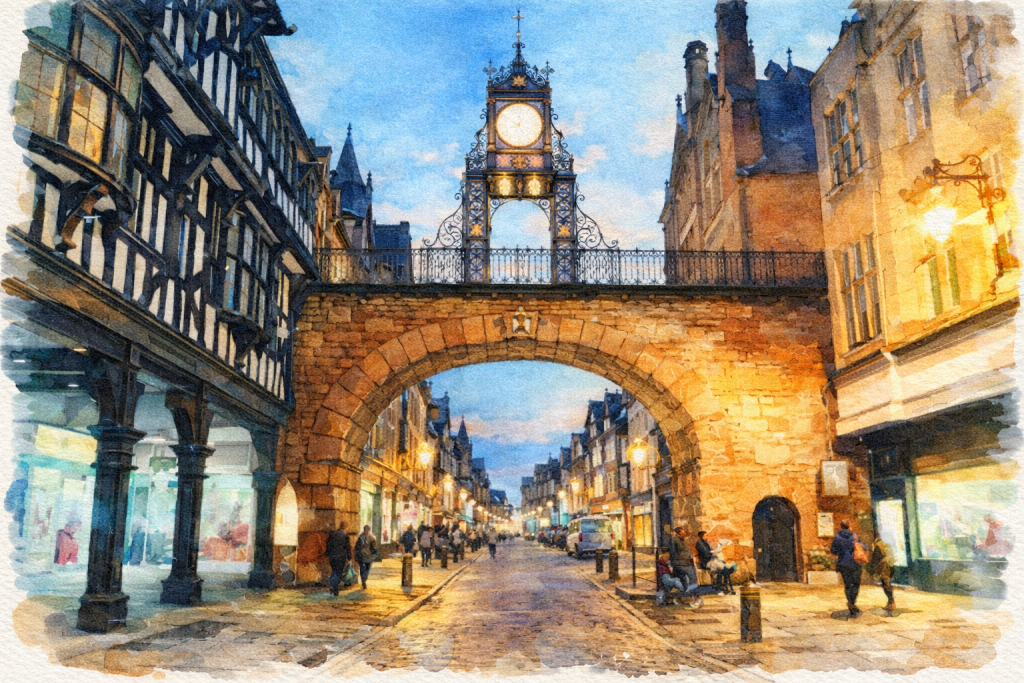 watercolour painting of Chester city at night