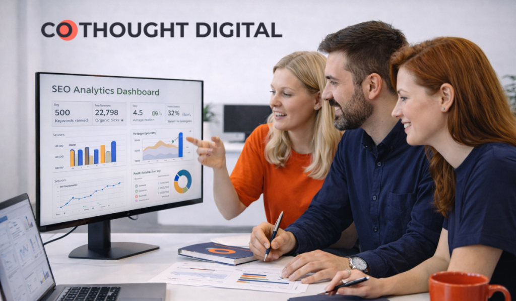 Marketers reviewing SEO at a digital marketing agency in Cheshire