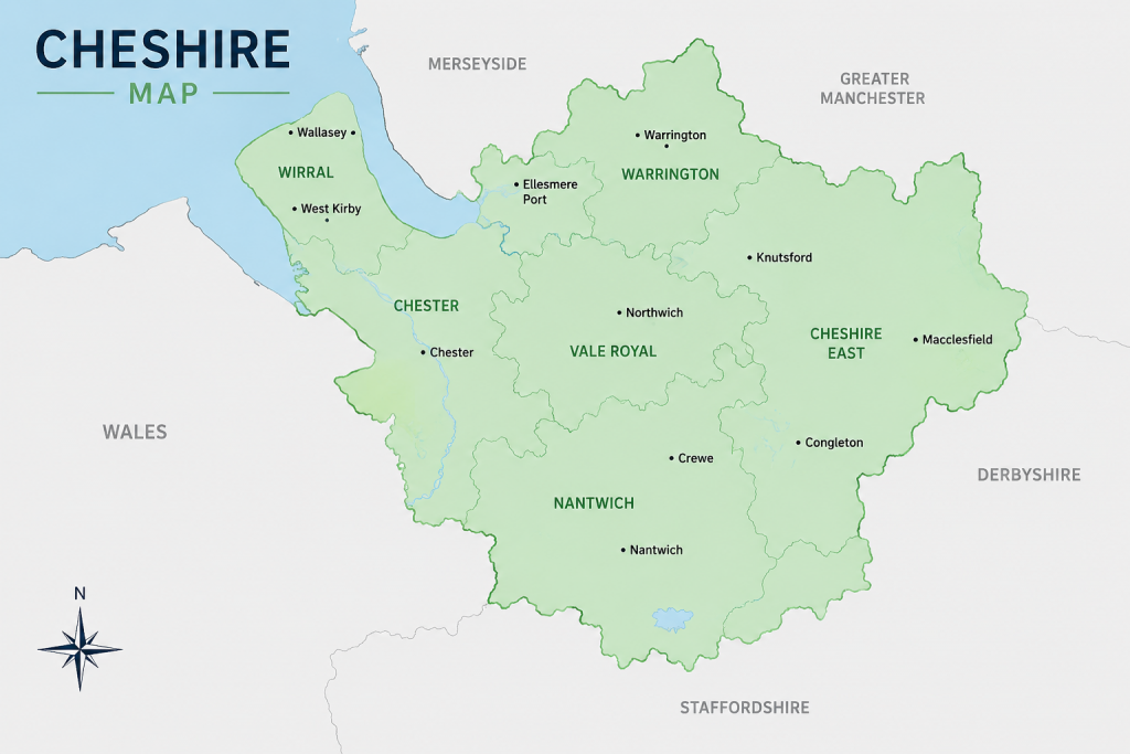 Map of Cheshire showing the areas covered by the our digital marketing agency