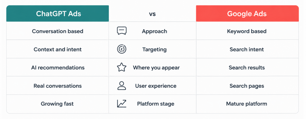 ChatGPT Ads vs Google Ads Comparison